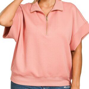 Zenana Full Size Scuba High Neck Half Zip Short Sleeve Top Plus Size